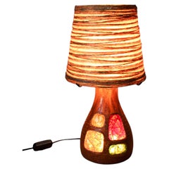 Accolay Ceramic Table Lamp, Resin Inlays and Rope Shade, France, 1960s