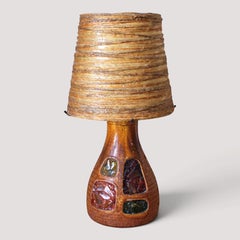 Accolay Ceramic Table Lamp, Resin Inlays and Rope Shade, France, 1960s