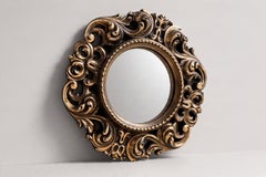 French Convex Witch Mirror, Carved Giltwood Scrollwork Frame, 1960s