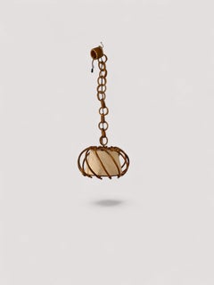 Attributed to Louis Sognot, Rattan Pendant Light, Linen Shade, France, 1950s