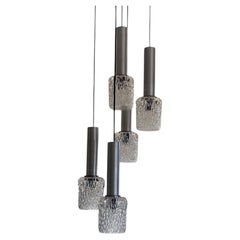Cascade Pendant Chandelier, Textured Glass and Aluminum, France, 1960s