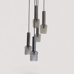 Cascade Pendant Chandelier, Textured Glass and Aluminum, France, 1960s