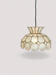 Capiz Shell and Brass Pendant Light, Scalloped Dome, France, 1960s