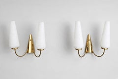French Mid-Century Two-Arm Wall Sconces, Brass and Glass, 1950s