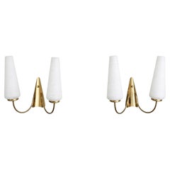 French Mid-Century Two-Arm Wall Sconces, Brass and Glass, 1950s