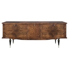 Französisches Sideboard aus Walnuss-Maserknollenholz aus der Mitte des Jahrhunderts, verspiegelte Bar, Messingfüße, 1950er Jahre