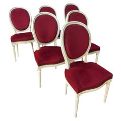 Set of Six Louis XVI Style Medallion Dining Chairs, Red Velvet, France, 1950s