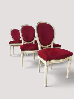 Set of Six Louis XVI Style Medallion Dining Chairs, Red Velvet, France, 1950s