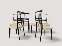 Set of Six Italian Ebonized Beech Dining Chairs, Cream Skai, 1950s