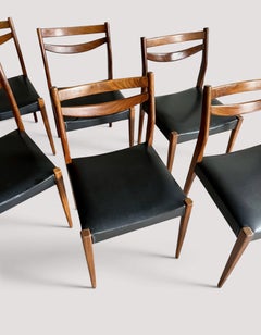Set of Six Scandinavian Modern Dining Chairs, Teak and Black Vinyl, 1960s