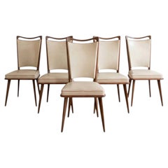 Set of Five French Mid-Century Dining Chairs, Walnut and Cream Vinyl, 1950s