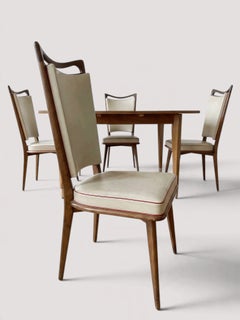 Set of Five French Mid-Century Dining Chairs, Walnut and Cream Vinyl, 1950s