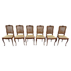 Set of Six Louis XV Style Dining Chairs, Carved Wood and Cane, France, 1950s
