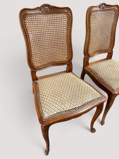Set of Six Louis XV Style Dining Chairs, Carved Wood and Cane, France, 1950s