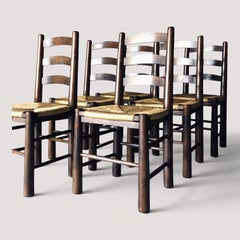 Attributed to Georges Robert, Set of Six Dining Chairs, Rush and Wood, France, 1