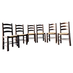 Attributed to Georges Robert, Set of Six Dining Chairs, Rush and Wood, France, 1