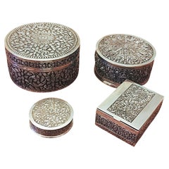 Set of 4 Silver Boxes in Asian Art Deco Style hallmarked by DAC, Cambodia 1930s