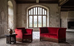 Title: 1950s Danish Red Velvet Sofa and Lounge Chair Set