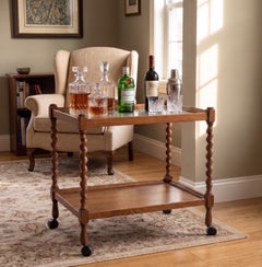 English Teak Tea Bar Cart in Oak with Twisted Legs and Glass Top, 1950s