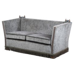Vintage Grey/Green Velvet Knole Sofa with Floral Cushions, 1950s