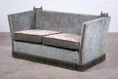 Vintage Grey/Green Velvet Knole Sofa with Floral Cushions, 1950s
