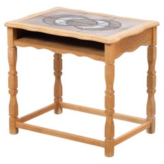 Danish Brutalist Oak Side / Bedside Table with Ceramic Tiles, 1960s
