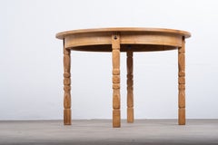 Henning Kjærnulf Brutalist Round Oak Dining Table with Extensions, 1960s