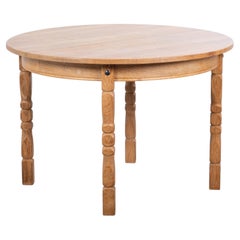 Henning Kjærnulf Brutalist Round Oak Dining Table with Extensions, 1960s