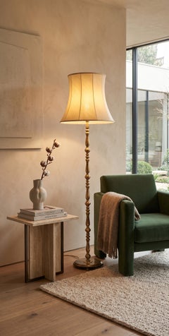 Danish Brass Floor Lamp with Original Shade, 1960s