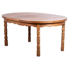 Brutalist Round Oak Dining Table with Three Extension Leaves, Denmark, 1960s
