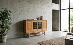 Danish Brutalist Oak Highboard with Leaded Green Glass, 1960s
