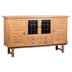 Danish Brutalist Oak Highboard with Leaded Colored Glass, 1960s