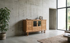 Danish Brutalist Oak Highboard with Leaded Colored Glass, 1960s