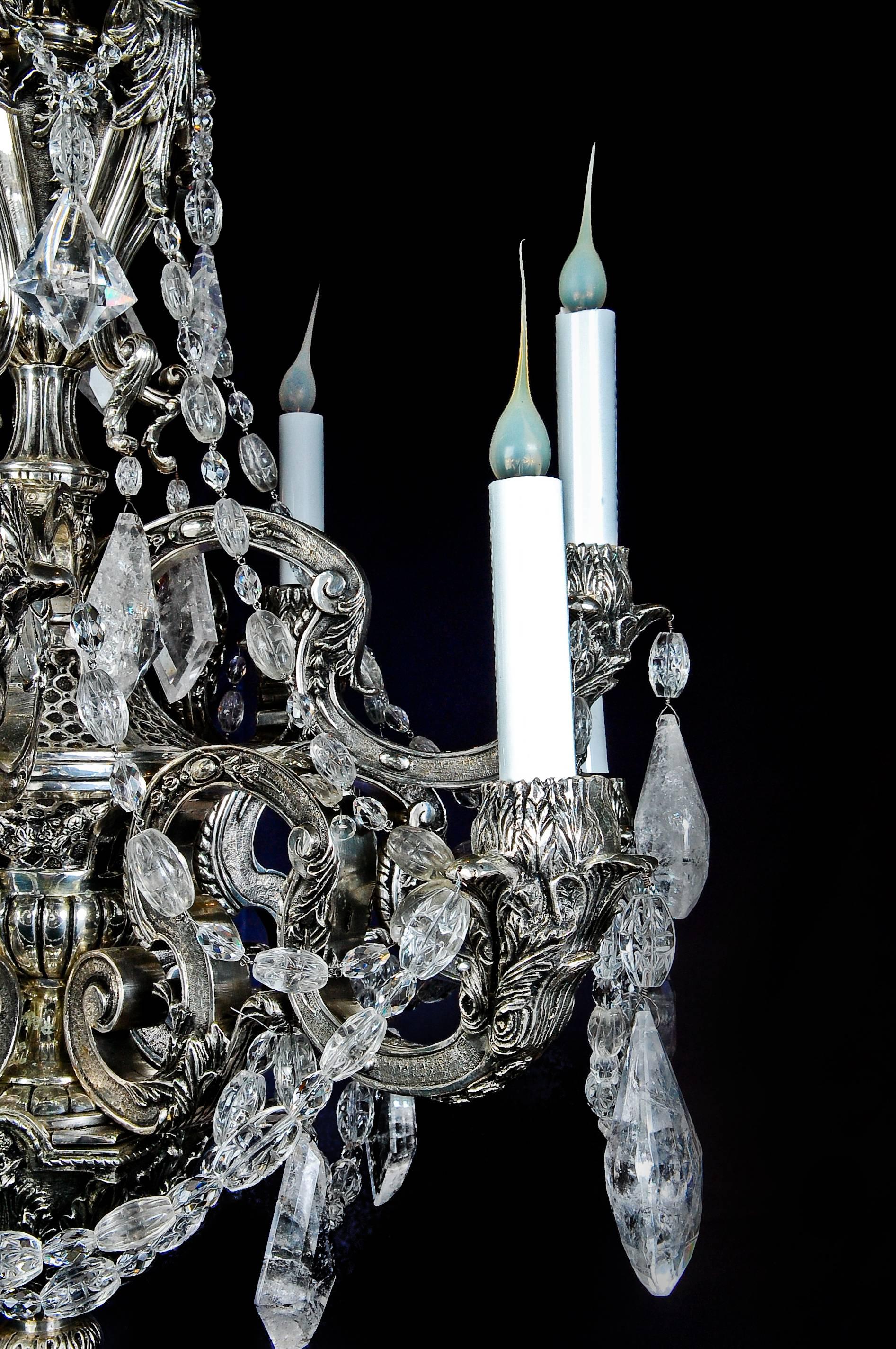 Hand-Carved Antique French Louis XVI Style Silvered Bronze and Cut Rock Crystal Chandelier For Sale