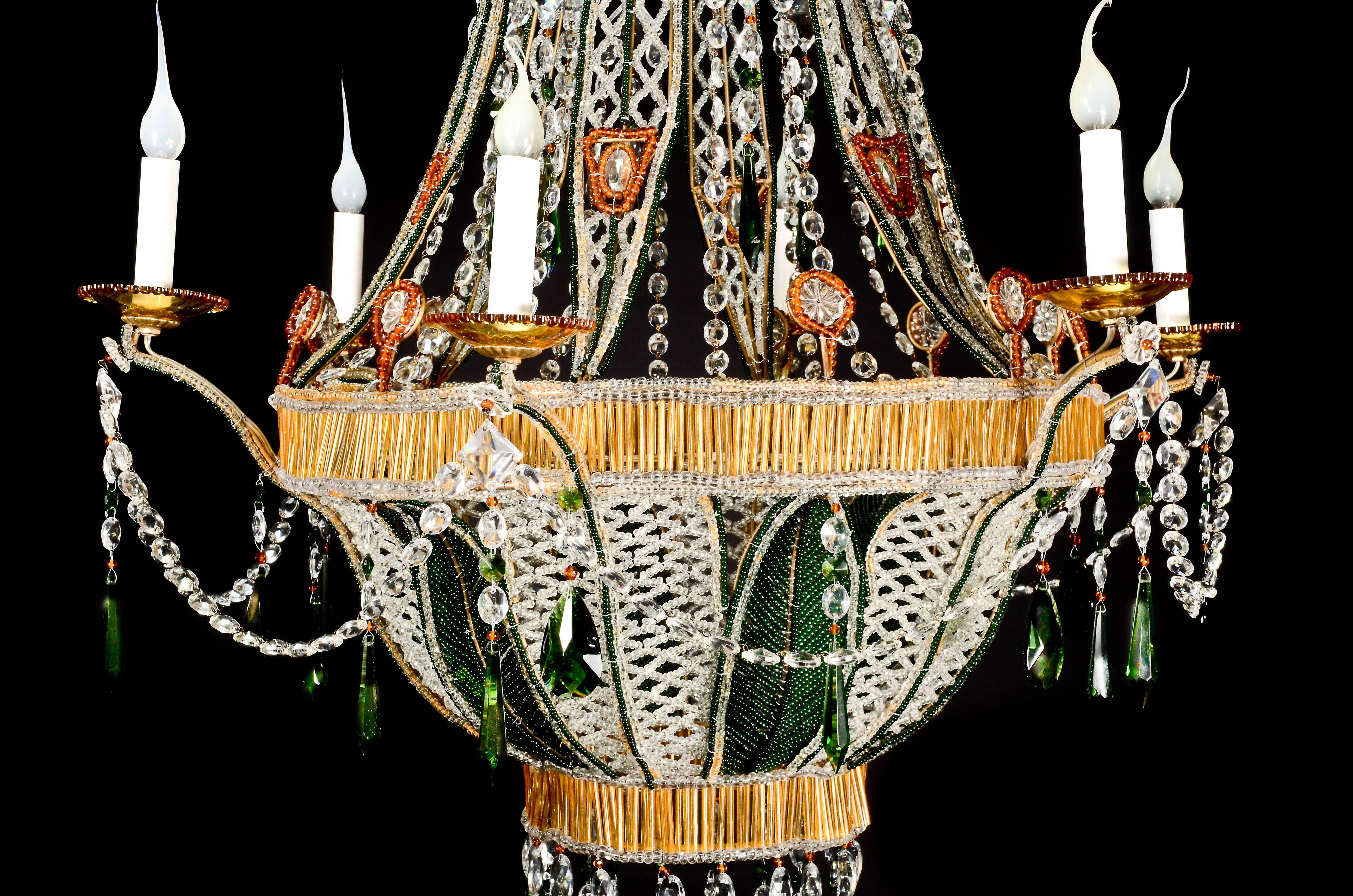 Hand-Crafted Unique Italian Louis XVI Style Amber Glass, Crystal and Green Glass Chandelier