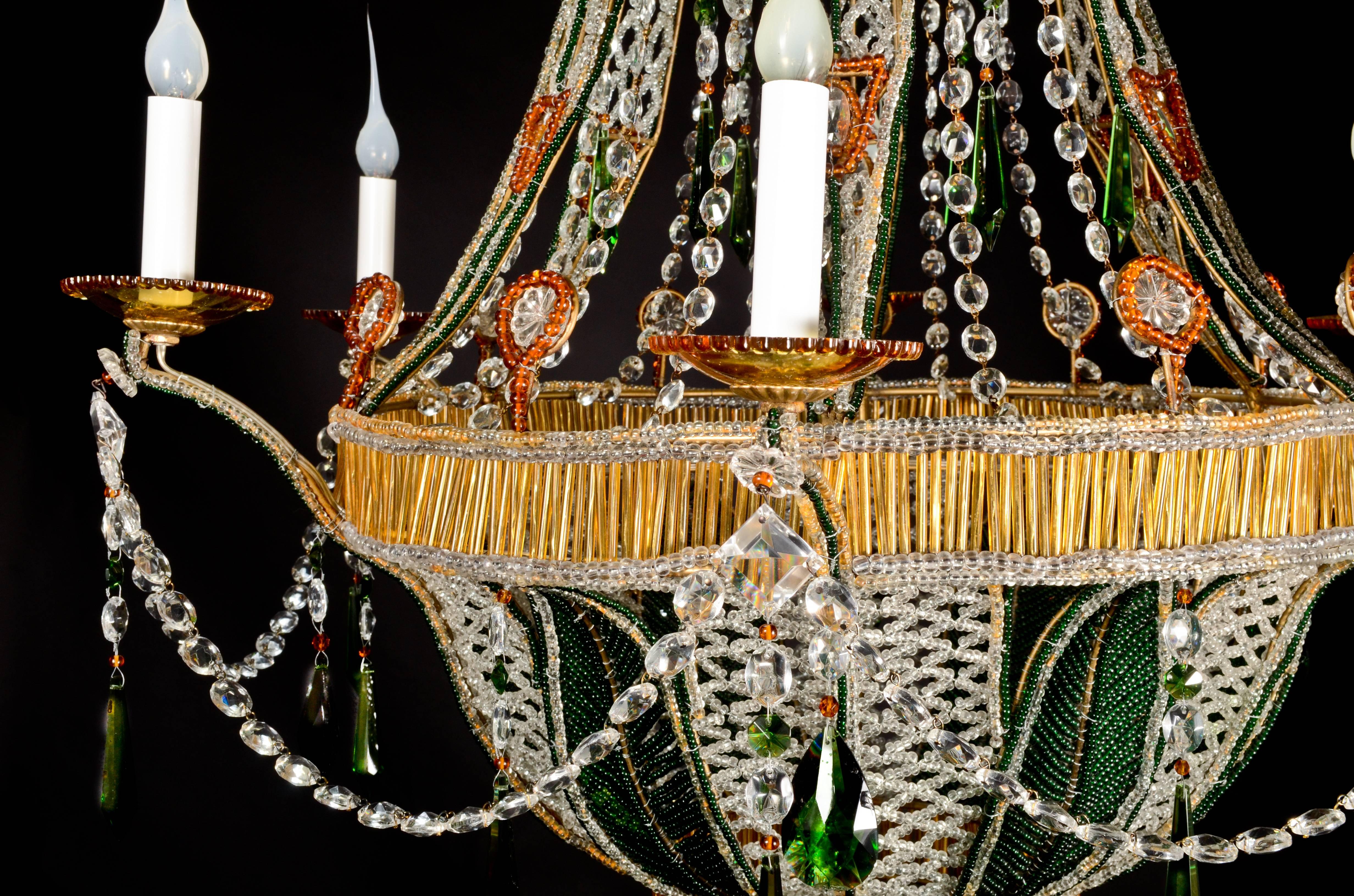 Unique Italian Louis XVI Style Amber Glass, Crystal and Green Glass Chandelier In Excellent Condition In New York, NY