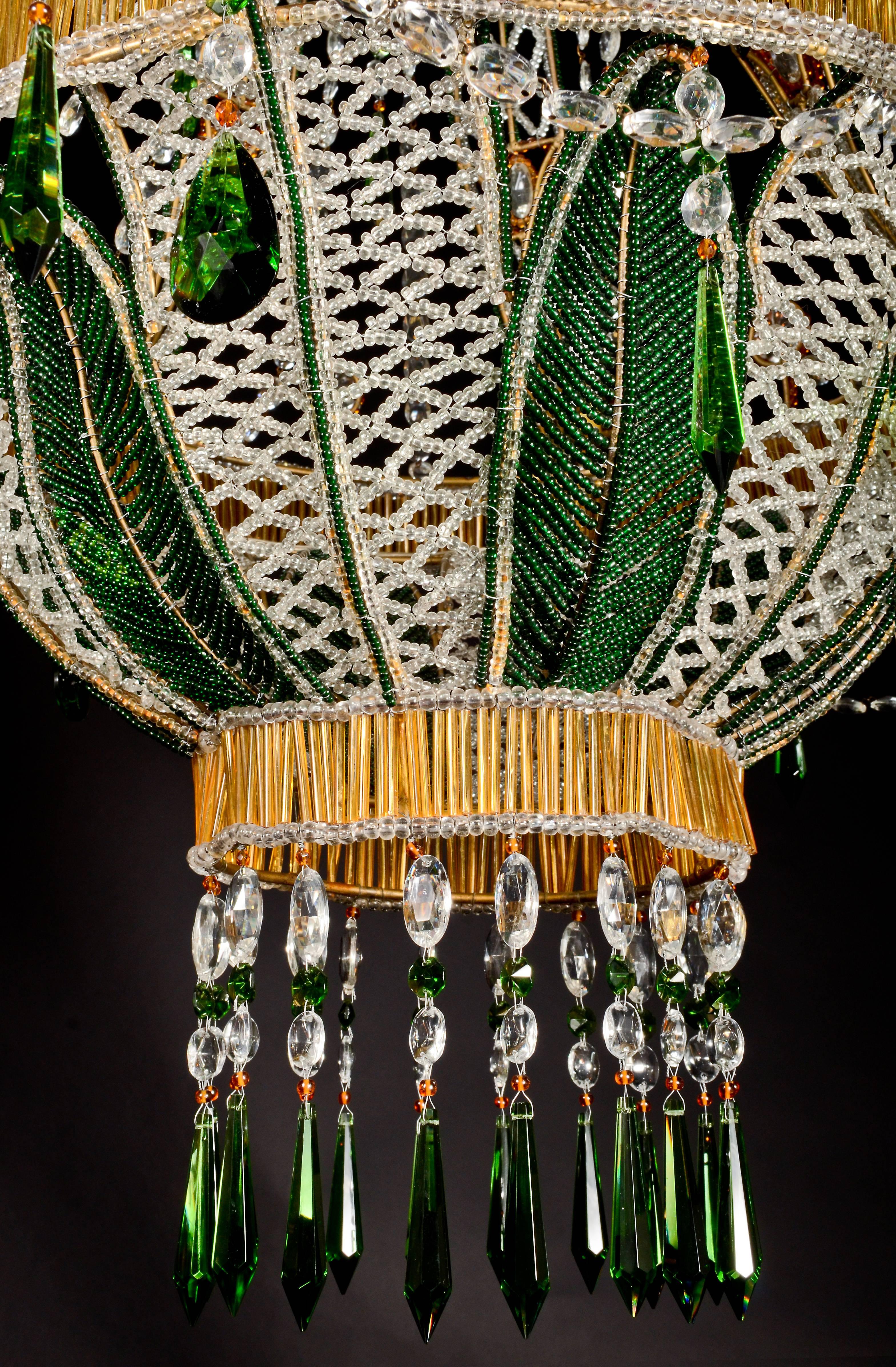 Unique Italian Louis XVI Style Amber Glass, Crystal and Green Glass Chandelier 3