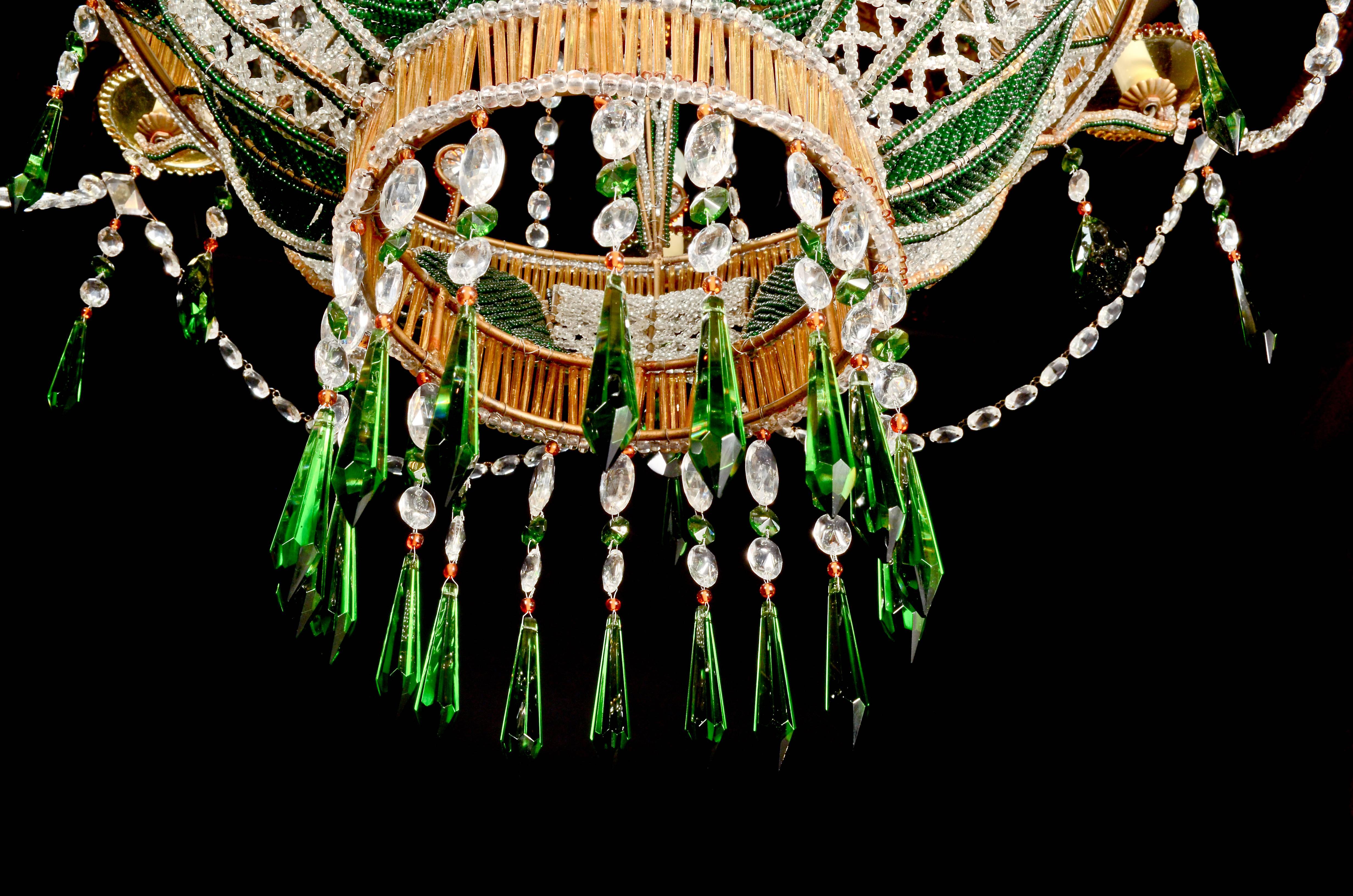 Unique Italian Louis XVI Style Amber Glass, Crystal and Green Glass Chandelier 5