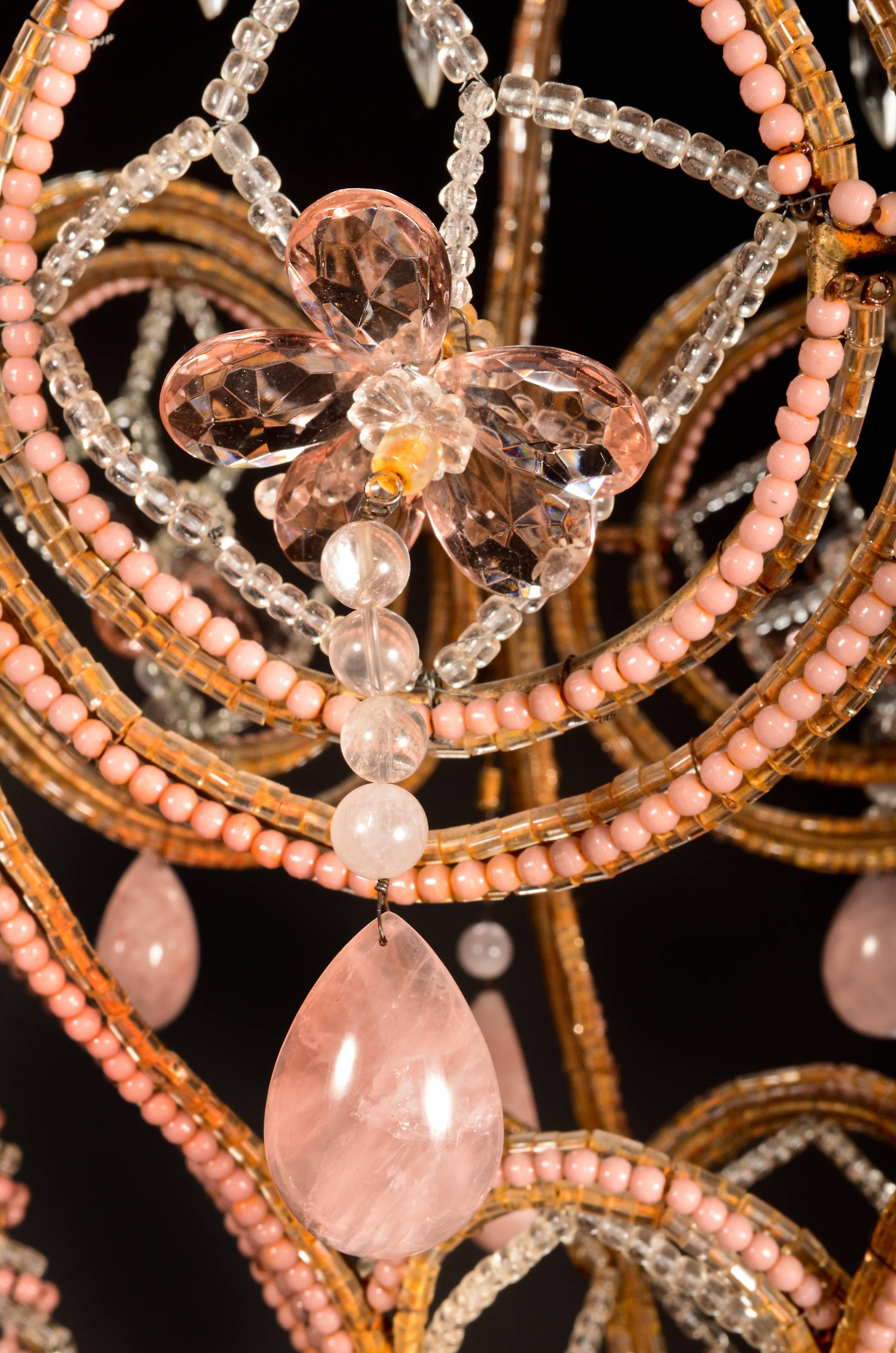 Glass Superb Antique French Baguès Style Pink Rock Crystal and Crystal Chandelier