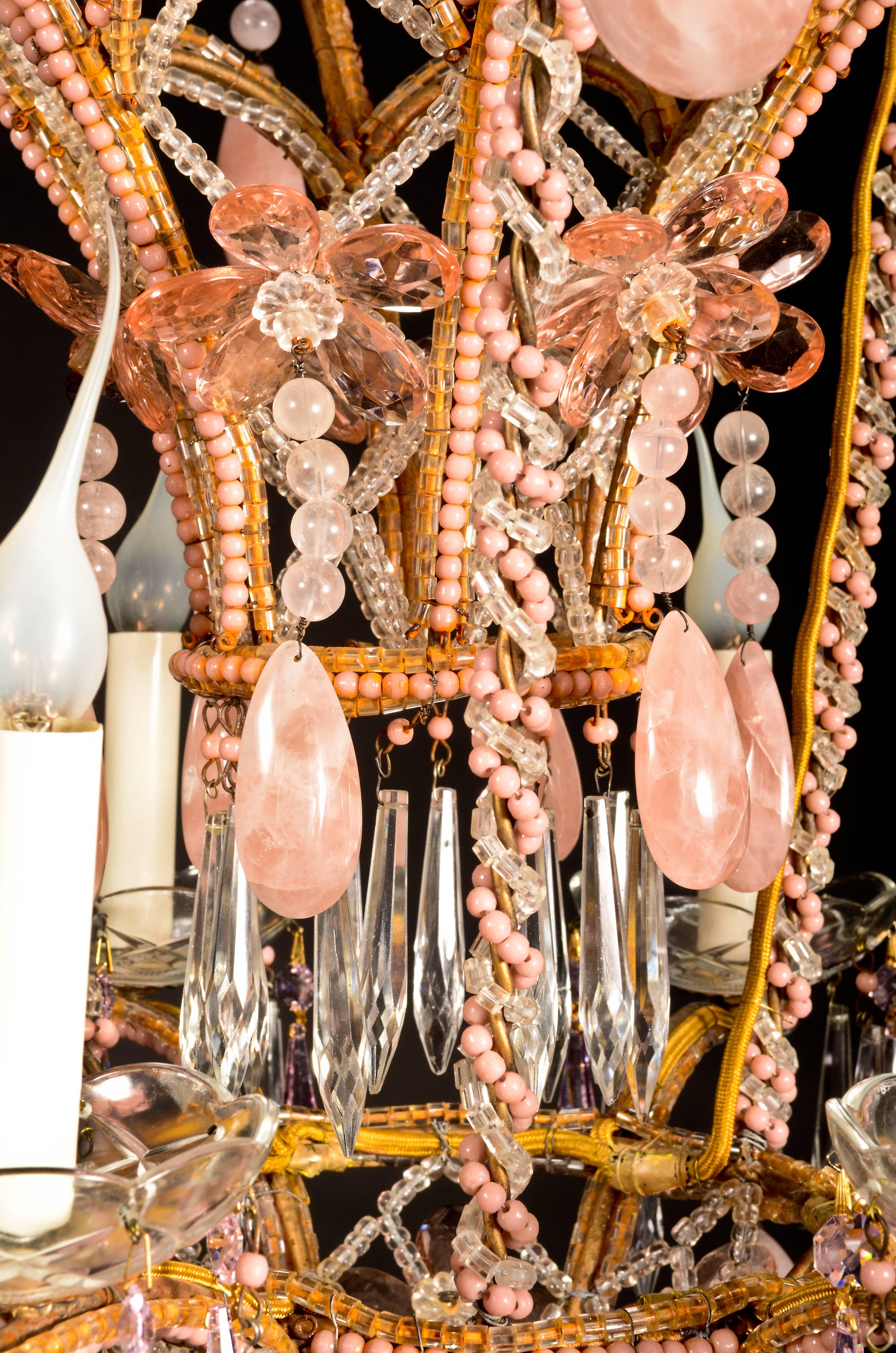 20th Century Superb Antique French Baguès Style Pink Rock Crystal and Crystal Chandelier