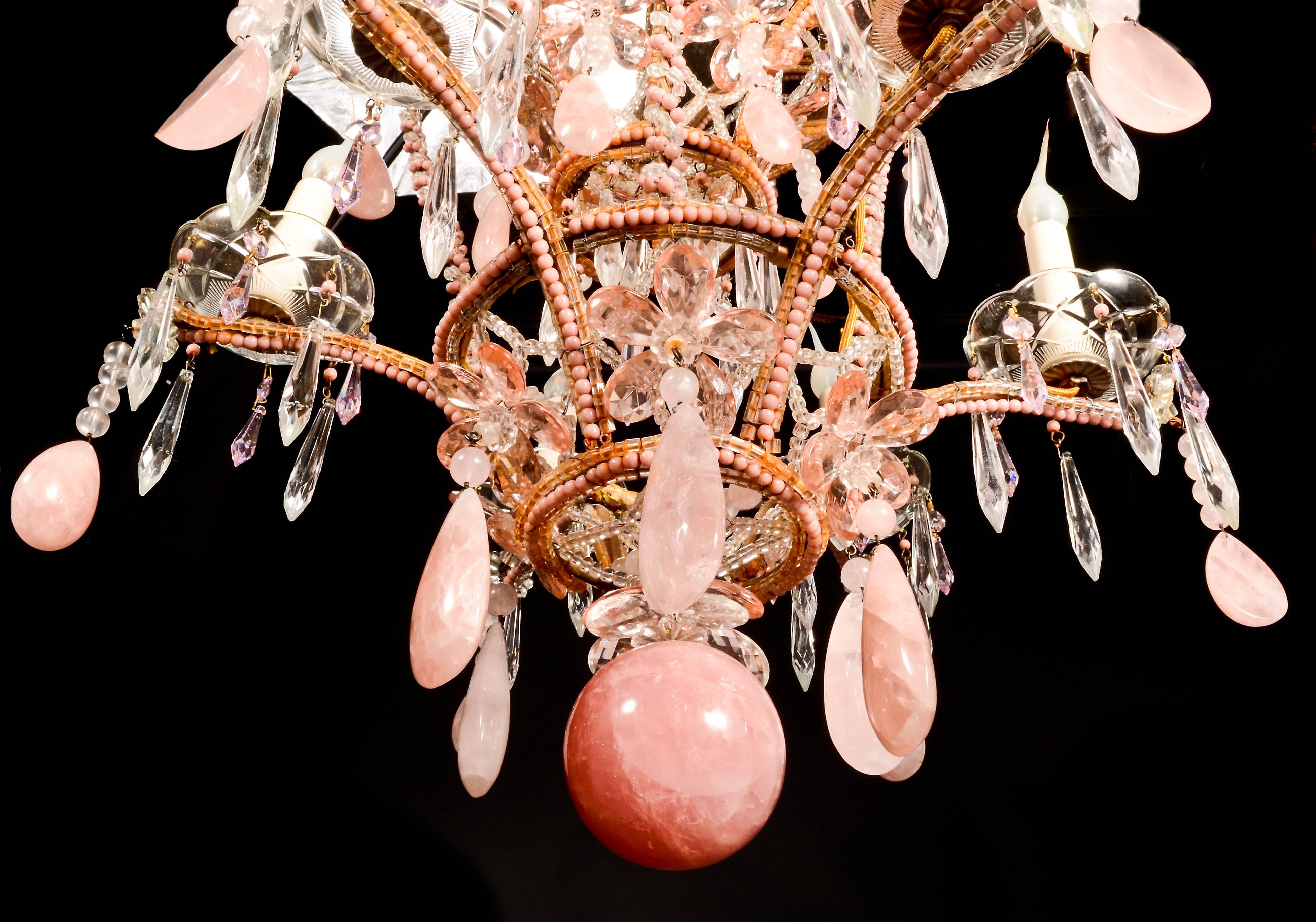 Superb Antique French Baguès Style Pink Rock Crystal and Crystal Chandelier 1