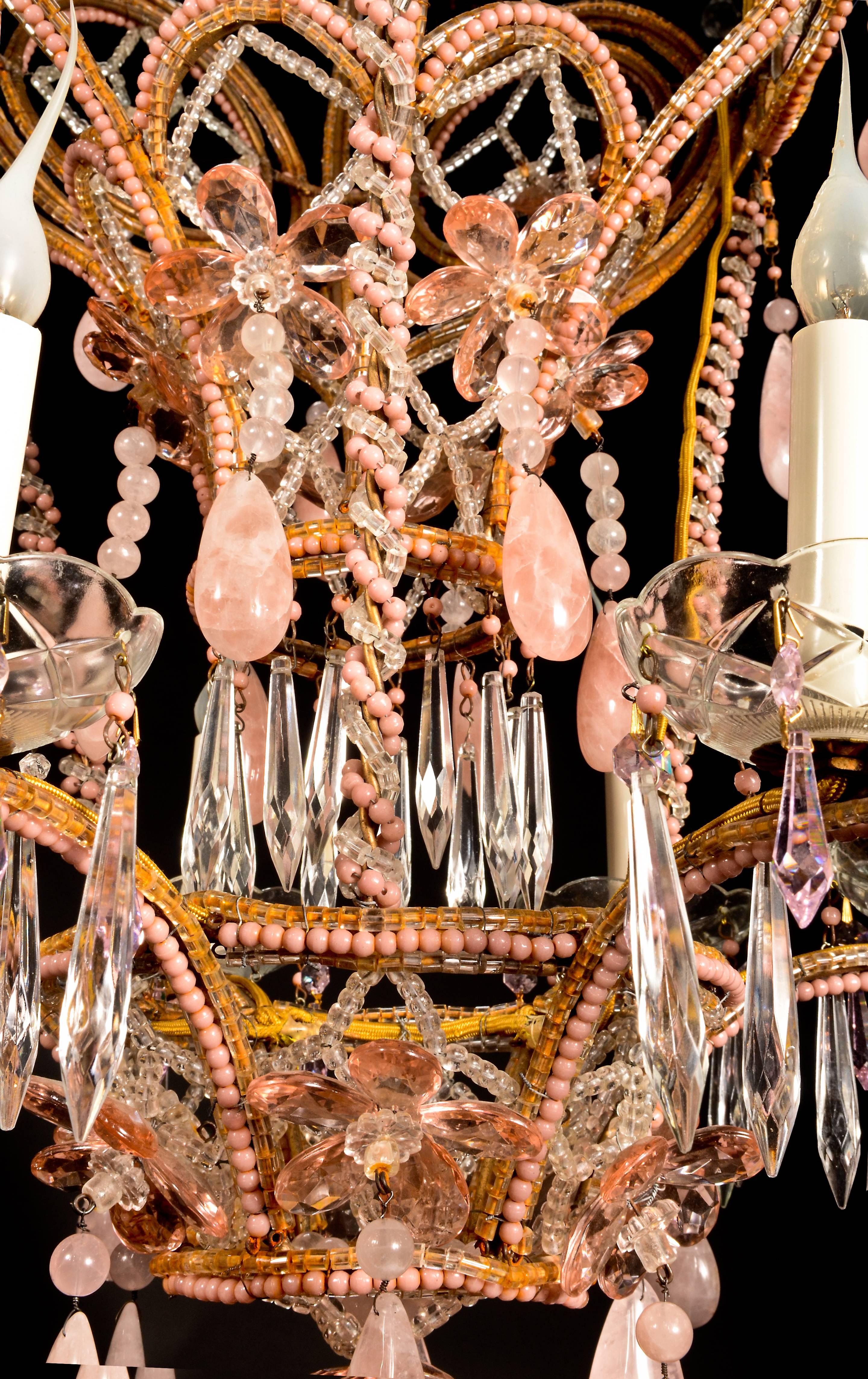 Louis XVI Superb Antique French Baguès Style Pink Rock Crystal and Crystal Chandelier