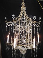 Rare Italian Chinoiserie Style Pagoda Form Bronze, Crystal and Beaded Chandelier