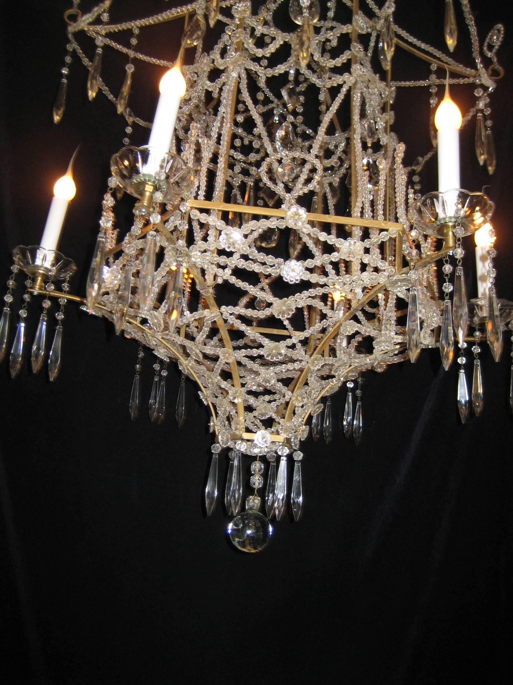 Rare Italian Chinoiserie Style Pagoda Form Bronze, Crystal and Beaded Chandelier In Good Condition In New York, NY