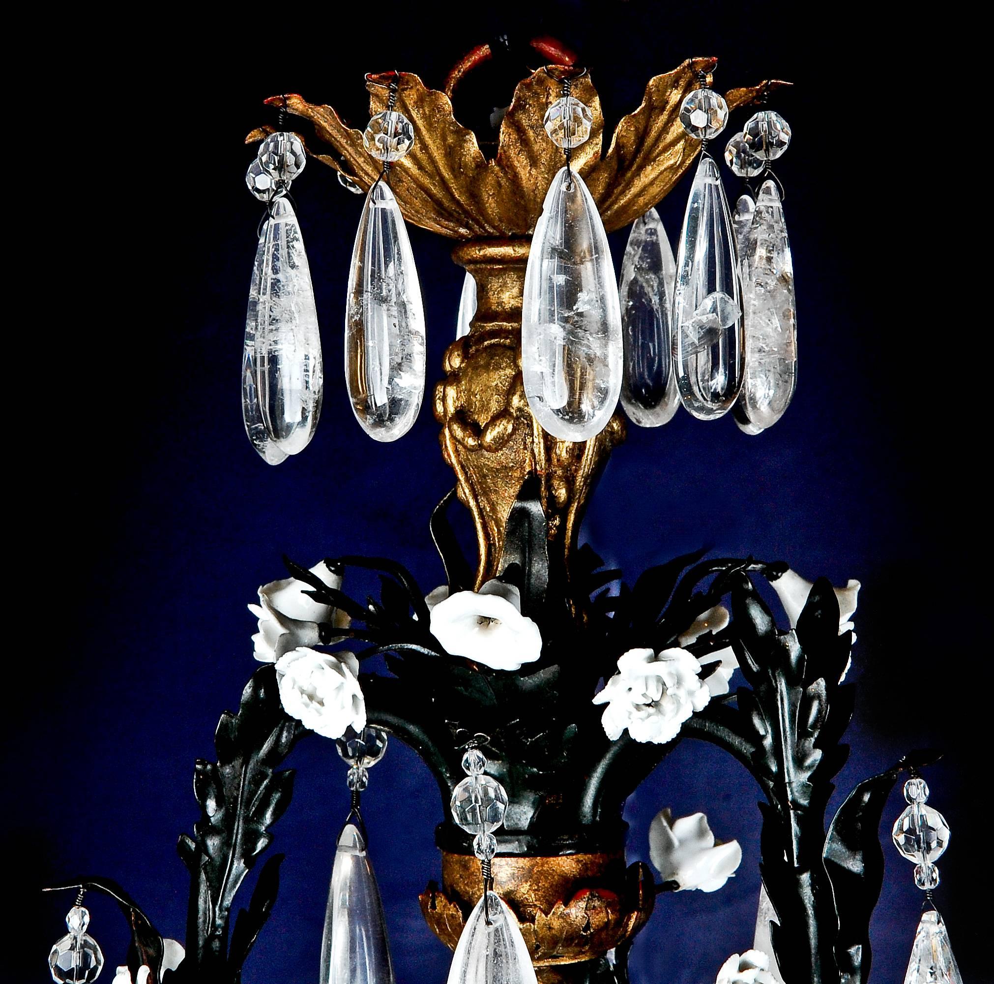 Antique French Louis XVI Style Bronze, Tole, Rock Crystal & Porcelain Chandelier For Sale 1