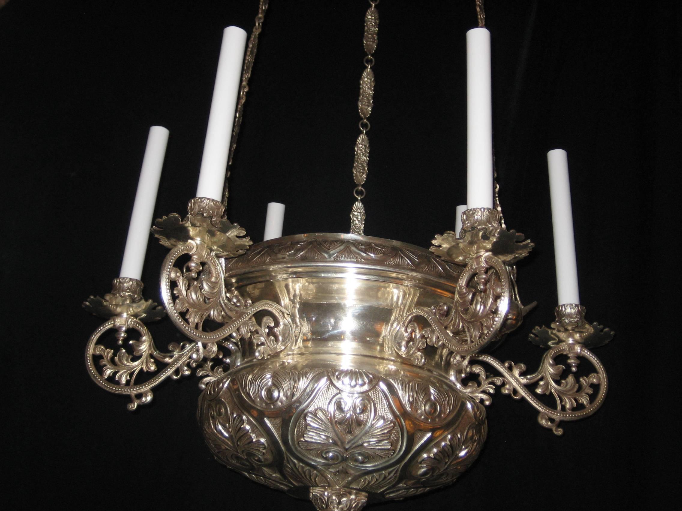 A unique antique French Moorish style silvered bronze multi-light chandelier.