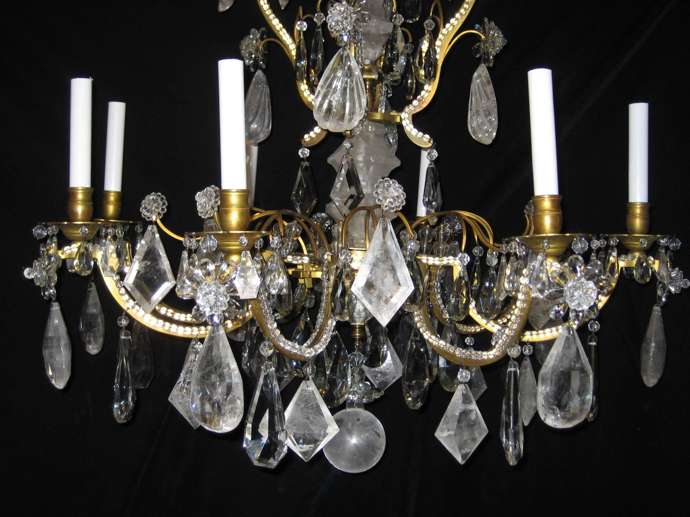 Hand-Carved Large Antique French Louis XVI Baguès Bronze and Cut Rock Crystal Chandelier