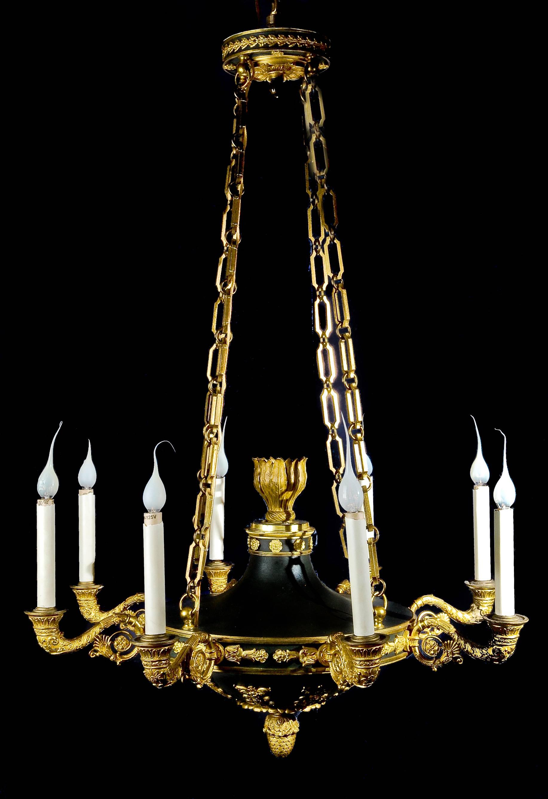 A fine antique French empire neoclassical multi light gilt bronze and patinated bronze chandelier of great detail.