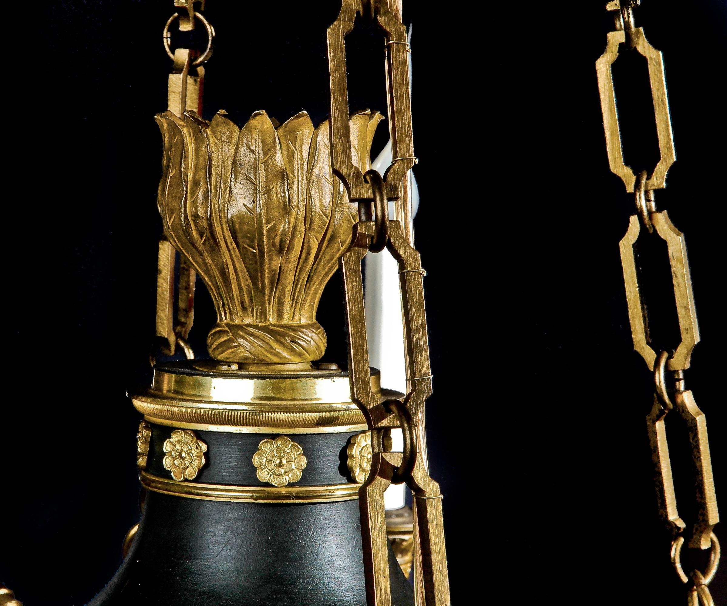 19th Century Fine Antique French Empire Neoclassical Gilt and Patina Bronze Chandelier For Sale