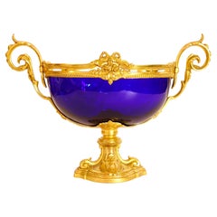 French Louis XVI Style Gilt Bronze Mounted Cobalt Blue Glass Centerpiece